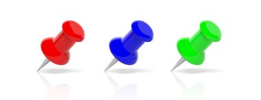 İleti örneği kavramı. Beyaz arka plan üzerinde izole çeşitli renklerde pin itin. 3D çizim.