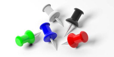 İleti örneği kavramı. Beyaz arka plan üzerinde izole çeşitli renklerde pin itin. 3D çizim.