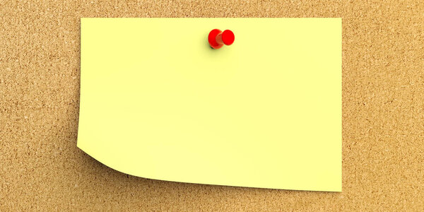 Reminder concept. Yellow write note with pushpin and blank space, isolated on cork background. 3d illustration.
