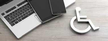 Engelliler için teknoloji. Tekerlekli sandalye, Engelli işareti ve elektroniği aygıtları, banner. 3D çizim