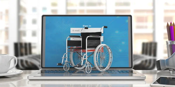 障害者用の技術 車椅子コンピューター ラップトップ キーボードの空は オフィスの背景をぼかし イラストレーション — ストック写真