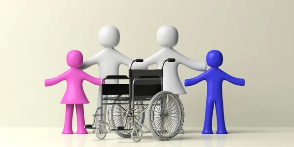 障害者の家族支援 車椅子と黄色の背景に分離されたプラスチック人間家族 イラストレーション — ストック写真