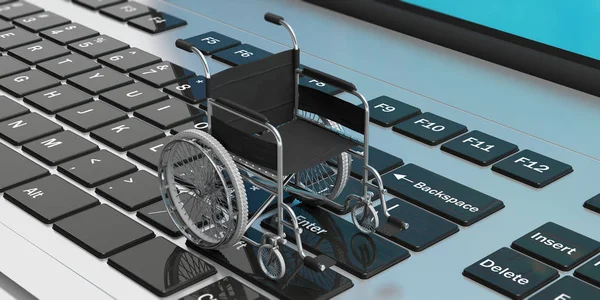 Technology for disabled. Wheelchair empty on computer laptop keyboard. 3d illustration