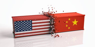 ABD ve Çin ticaret savaş. Beyaz arka plan üzerinde izole konteyner Amerika ve Çin bayrakları çarpıyordun. 3D çizim
