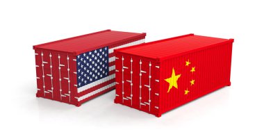 ABD ve Çin ticaret kavramı. Bize Amerika ve Çin bayrakları beyaz arka plan üzerinde izole konteyner nakliye. 3D çizim