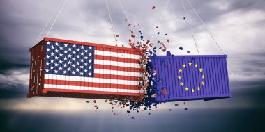 ABD ve AB ticaret. Amerika ve Avrupa Birliği bayrakları mavi bulutlu gökyüzü arka plan kaplarda çarpıyordun. 3D çizim