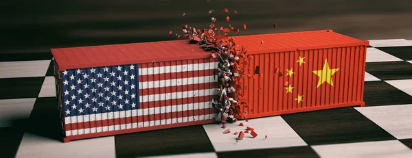 USA and China trade war. US of America and chinese flags crashed containers on chessboard. 3d illustration