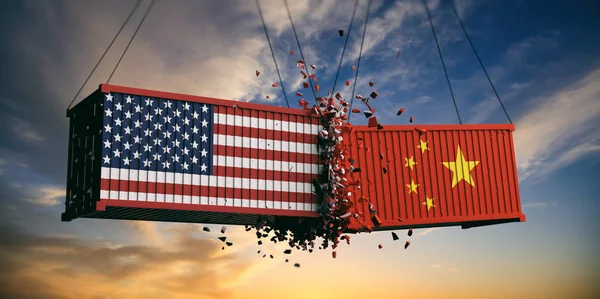 Usa China Trade War America Chinese Flags Crashed Containers Sky — Stock Photo, Image