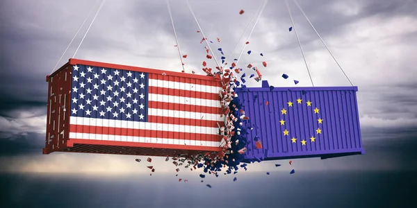 Сша Торгівлі Нас Америки Європейський Союз Прапорів Розбився Контейнерів Тлі — стокове фото