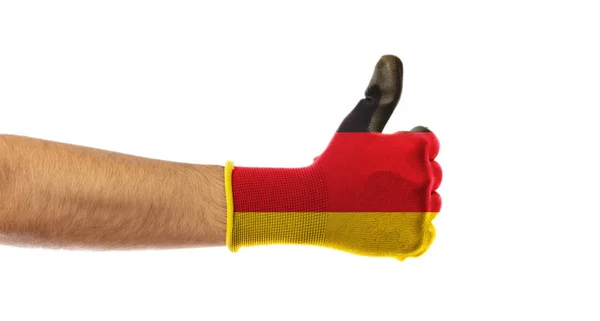 Alemania Concepto Victoria Pulgar Hacia Arriba Guante Bandera Alemana Aislado — Foto de Stock