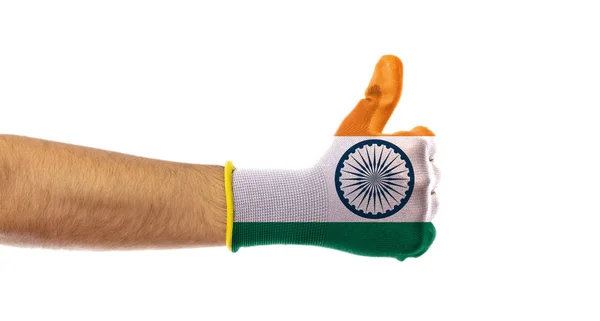 Indien Seger Koncept Tummen Upp Indien Flagga Handske Isolerade Vit — Stockfoto