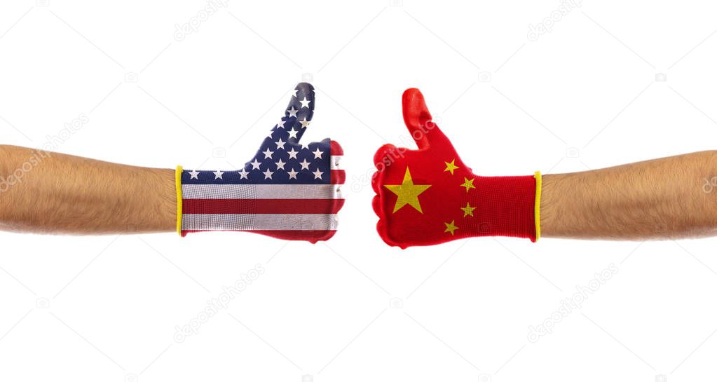 USA vs China, trade war. US of America and China flags gloves isolated on white background, clipping path