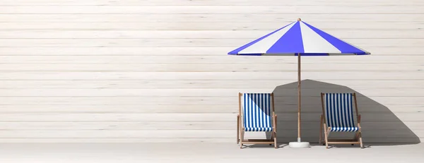 夏休み ビーチの椅子と木製の壁の背景 バナー コピー領域の傘 イラストレーション — ストック写真
