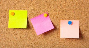 Okul kavramı. Raptiyeler ve boş yer, üç renkli yapışkan notlar Cork arka plan üzerinde izole,