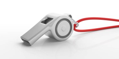 Koç beyaz arka plan üzerinde izole kırmızı string ile metal ıslık. 3D çizim