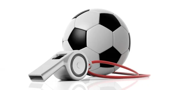 Coach whistle with red string and soccer football ball isolated on white background. 3d illustration