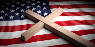 ABD ve Hıristiyanlık. Amerikan bayrağı arka plan Hıristiyan çarmıhta. 3D çizim