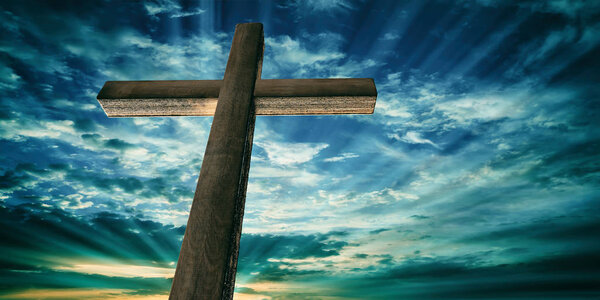 Crucifixion of Jesus Christ. Wooden cross on sky at sunset background, copy space. 3d illustration