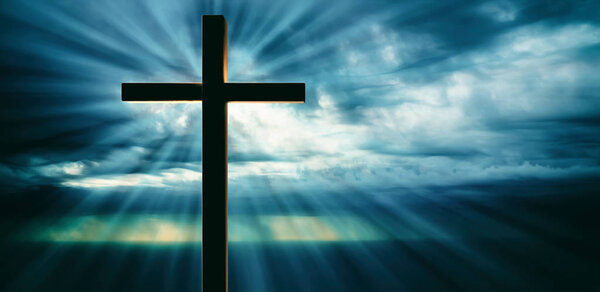 Crucifixion of Jesus Christ. Wooden cross on sky at sunset background, copy space. 3d illustration