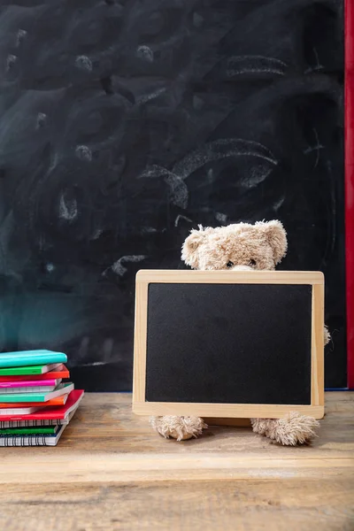 Back School Teddy Bear Blank Blackboard Frame Wooden Desk Space — Stock Photo, Image