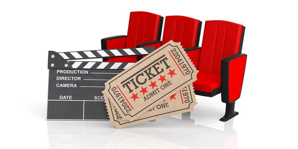 Film Tiyatro Kavramı Sinema Eski Türü Bilet Bej Film Clapper — Stok fotoğraf