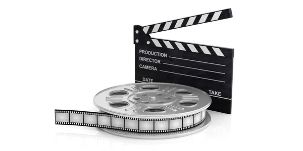 Cinematography Concept Film Movie Reel Movie Clapper White Background Isolated — Stock Photo, Image
