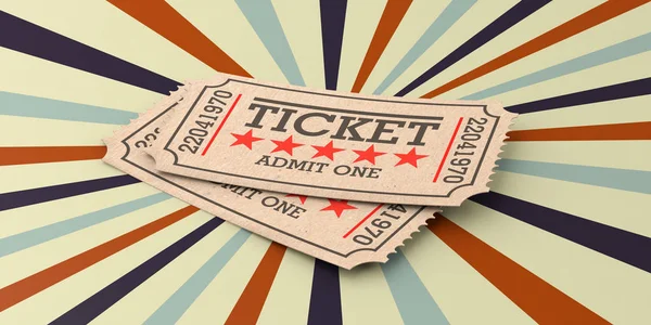 Retro objects concept. Cinema old type ticket beige isolated on a vintage circus background, 3d illustration.
