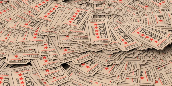 Movie theater concept. Cinema old type tickets beige background, 3d illustration.