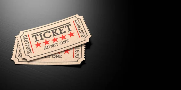 Movie theater concept. Cinema old type tickets beige isolated on a black wooden background, with copy space, 3d illustration.