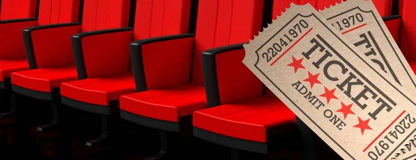 Movie theater concept. Cinema old type tickets beige and red movie theater seats background banner, 3d illustration.