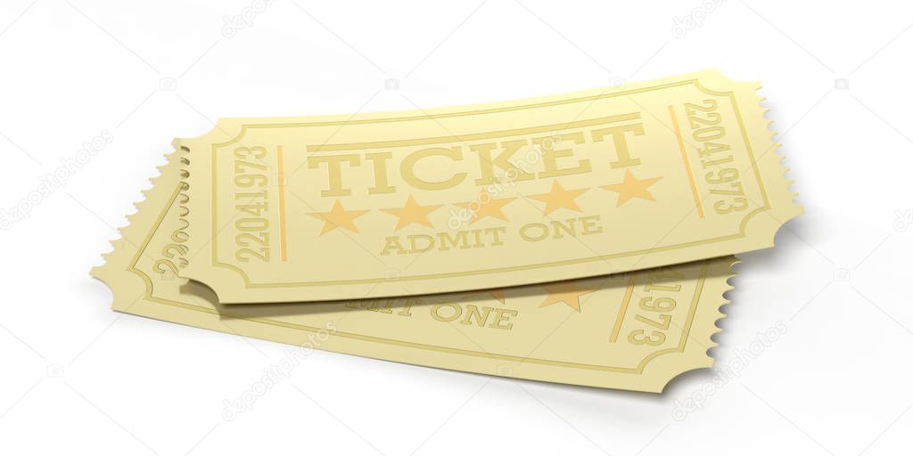 Movie theater concept. Two cinema old type golden tickets isolated on a white background, 3d illustration.