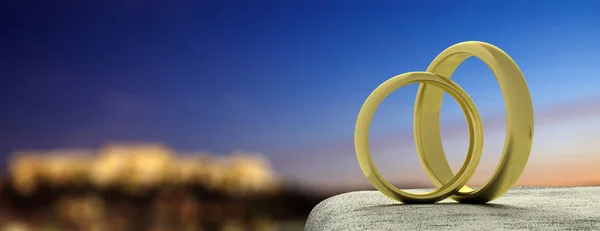 Anéis Casamento Dourados Telhado Branco Luzes Cidade Fundo Céu Banner — Fotografia de Stock