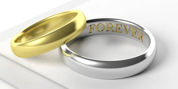 永远结婚 一对金色白金婚戒被隔绝在白色背景 永远文本刻在里面 — 图库照片