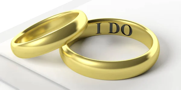 Proposta Matrimonio Coppia Fedi Nuziali Dorate Isolate Sfondo Bianco Testo — Foto Stock