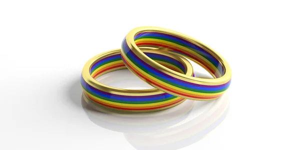 Relação Lgbt Par Ouro Gay Orgulho Cores Casamento Anéis Isolado — Fotografia de Stock
