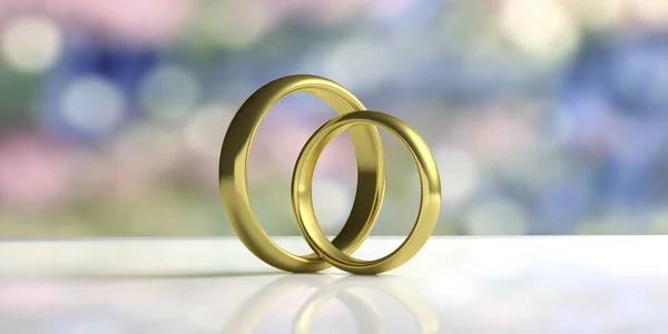 Par Anéis Casamento Dourados Isolados Mesa Branca Fundo Pastel Borrão — Fotografia de Stock