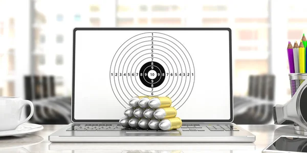 撮影画面で 対象のコンピューターで弾丸スタックは オフィスの背景をぼかし イラストレーション — ストック写真