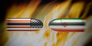 ABD ve Iran çatışma kavramı. Madde işaretleri, İran ve Amerikan bayrakları alevler arka plan ateş. 3D çizim