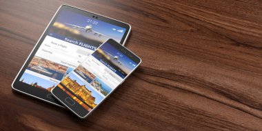 Uçuşlar online rezervasyon ve rezervasyon. Smartphone ve ahşap amaç, Arama uçuşlar ekranlarda, tablete alanı kopyalayın. 3D çizim