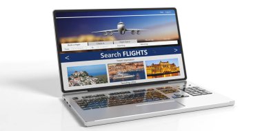 Uçuşlar online rezervasyon ve rezervasyon. Arama uçuşlar üzerinde beyaz artalan izole bir bilgisayar dizüstü bilgisayar ekranında. 3D çizim