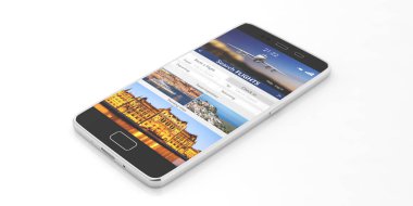Uçuşlar online rezervasyon ve rezervasyon. Beyaz artalan üzerinde izole bir cep telefonu ekranda Arama uçuşlar. 3D çizim