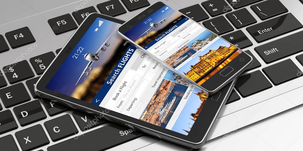 Flights online booking and reservation. Smartphone and tablet on a computer keyboard, Search flights on the screens. 3d illustration