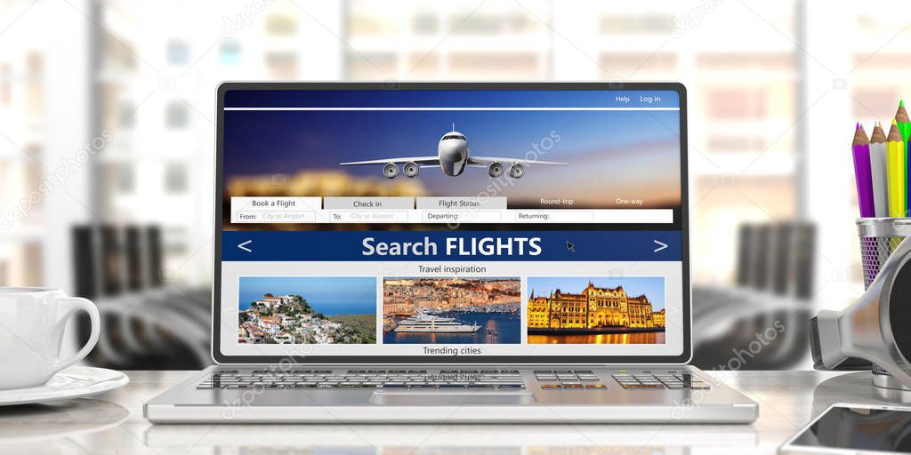 Flights online booking and reservation. Search flights on a computer laptop screen, front view, blur office business background. 3d illustration