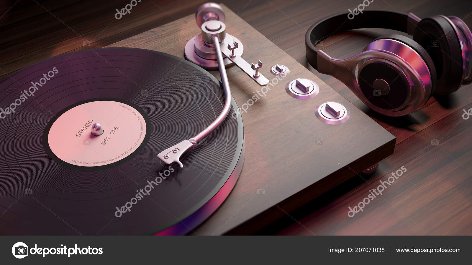 Music Sound Headphones Vinyl Record Player Wooden Background Closeup View Stock Photo By C Gioiak2