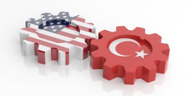 ABD ve Türkiye ilişkileri. Beyaz arka plan üzerinde izole dişliler, Amerikan ve Türk bayrakları. 3D çizim