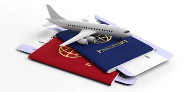 Hava seyahat kavramı, pasaport ve biniş kartı. İki pasaport ve beyaz arka plan üzerinde izole uçak biletleri. 3D çizim