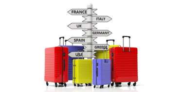 Seyahat hedefleri kavramı. Beyaz arka plan üzerinde izole parlak renkler bavul ve ülkelerin hedefleri tabelasını. 3D çizim