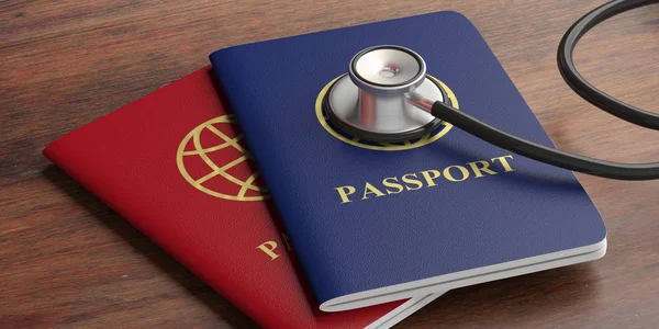 Viajar Para Saúde Turismo Médico Passaportes Azuis Vermelhos Estetoscópio Sobre — Fotografia de Stock