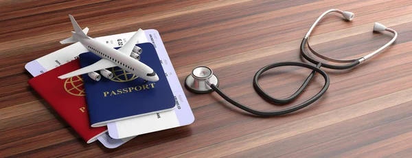 Aereo Viaggio Concetto Salute Passaporti Blu Rossi Stetoscopio Medico Isolato — Foto Stock