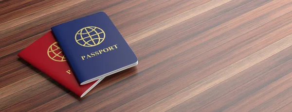 Conceito Viagem Passaportes Azuis Vermelhos Isolados Fundo Madeira Banner Espaço — Fotografia de Stock